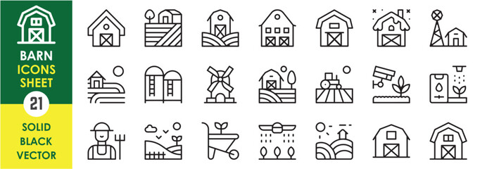 A set of line icons related to Barn. Farm, barn, cottage, village, farmhouse, windmill, farmer, and so on. Vector outline icons set.