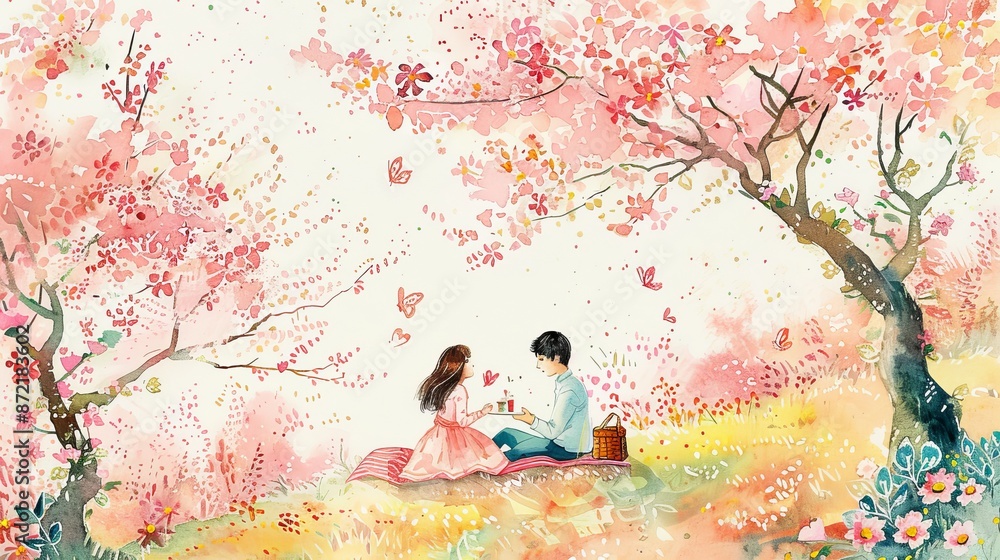 Wall mural adorable watercolor illustration of a couple having a picnic in a garden