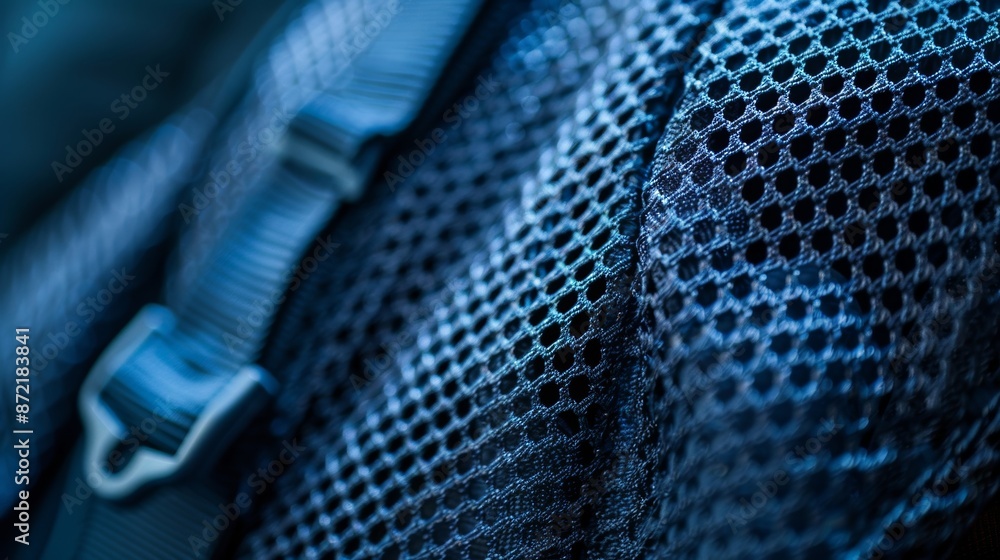 Poster an upclose look at the mesh paneling on the side of a backpack designed to allow for ample airflow a