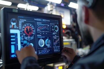 Fototapeta premium Mechanic Using Engine Diagnostic Screen for Troubleshooting in a High-Tech Garage