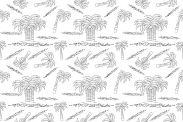 A detailed tropical beach-themed coloring page featuring palm trees, ocean waves, and an island. Perfect for relaxing and creative coloring activities.