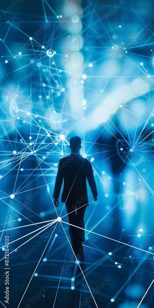 Poster an abstract depiction of a businessperson navigating through a network structure