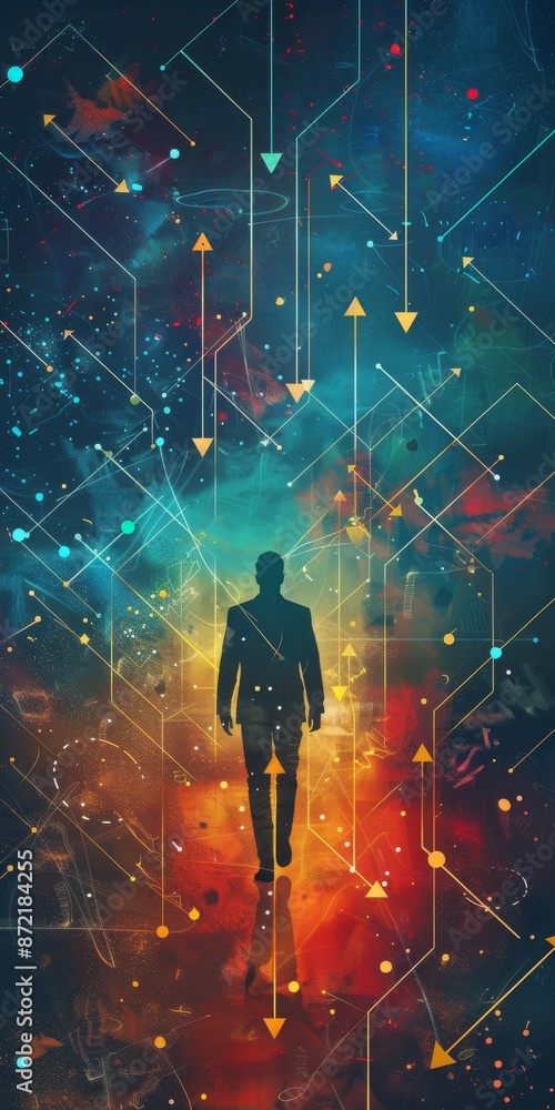 Poster an abstract depiction of a businessperson navigating through a network structure
