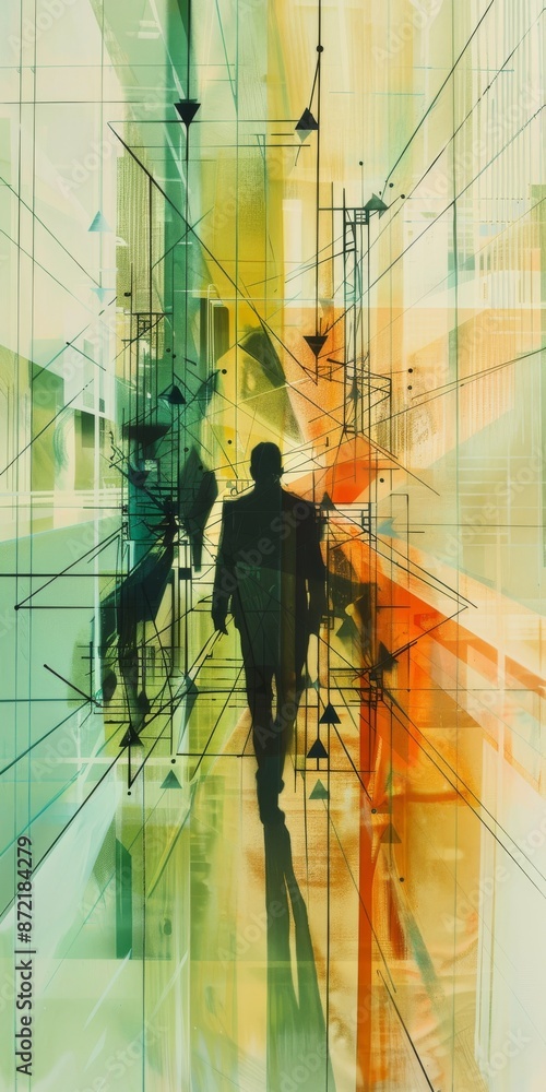 Poster an abstract depiction of a businessperson navigating through a network structure