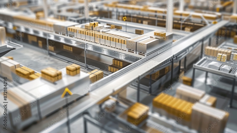 Poster a close-up view of a miniature model of an automated warehouse conveyor system, showcasing multiple 