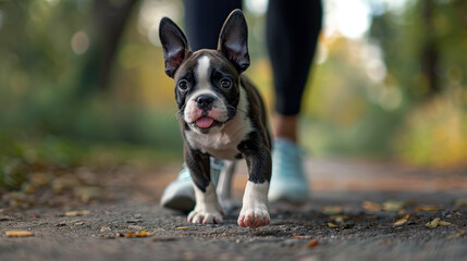 Boston Terrier puppy running happily with the owner in a park, looking at camera