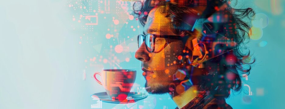 A photo of a person with glasses, drinking from a cup with a colorful background. AIGZ01