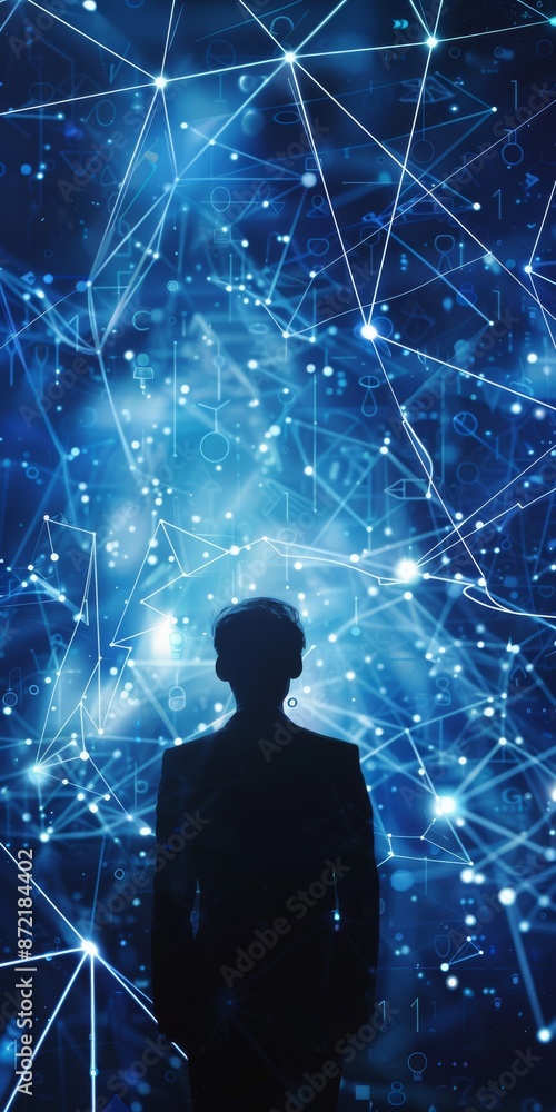 Poster an abstract representation of a businessperson connected to a network system