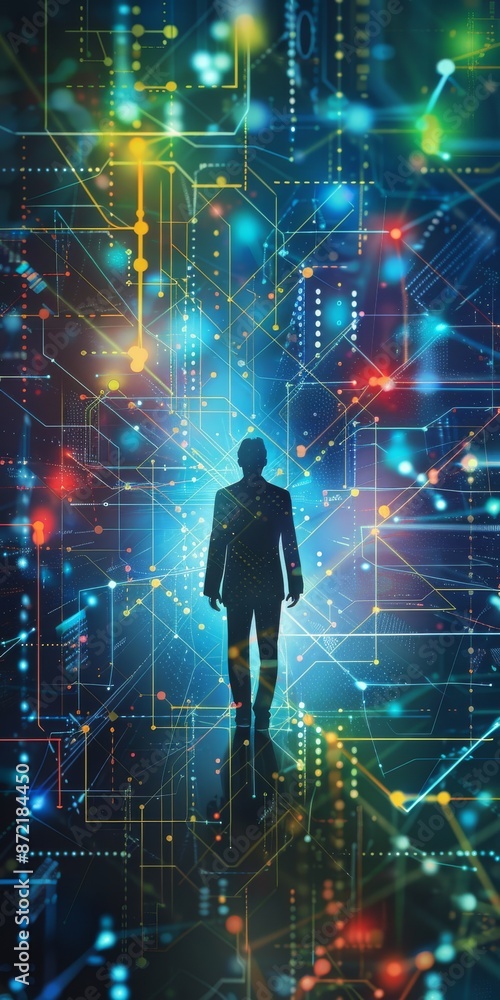 Poster an abstract representation of a businessperson connected to a network system