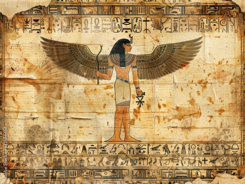 Poster vintage egyptian papyrus background with delicate scrolls and hieroglyphic patterns. concept ancient