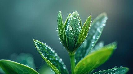 wide macro closeup photo of beautiful green plant sprout with water dew on it