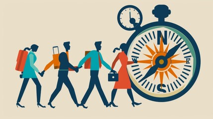Business People Walking with Luggage and Compass Illustration