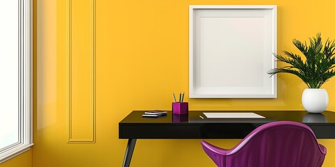 Contemporary office setup with a sleek black desk, vibrant purple accents, and an empty white frame on a yellow wall in a  orientation.
