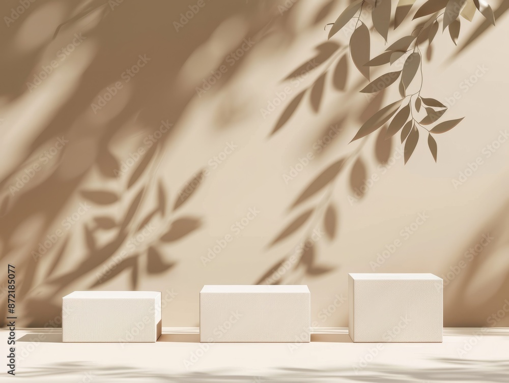 Poster abstract minimal nature scene - empty stage with three white rectangle podiums on beige background a