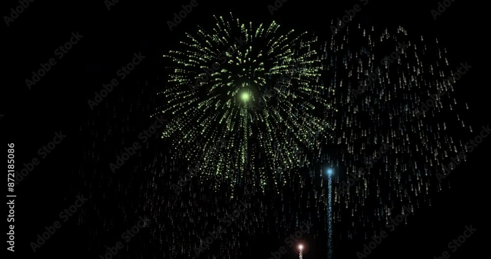 Poster Fireworks, particles and texture for background with sparkle, burst and aesthetic for mockup. Shine, glitter and celebration with explosion for light, dots and glow for wallpaper with rockets