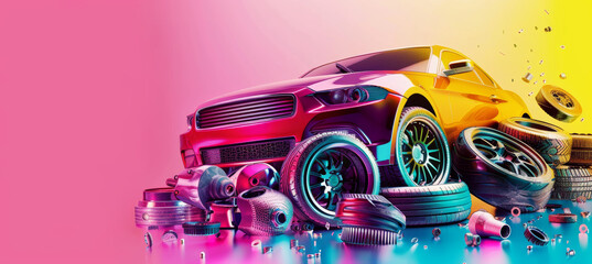 Promotional Poster for Buy One, Get One Free Offer on Car Parts with Vibrant Colors and Clear Text