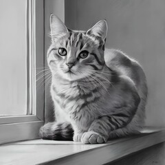 A beautifully rendered pencil sketch of a cat, capturing the animal's grace and elegance. The cat is perched on a windowsill, its eyes sharp and alert, whiskers twitching. 