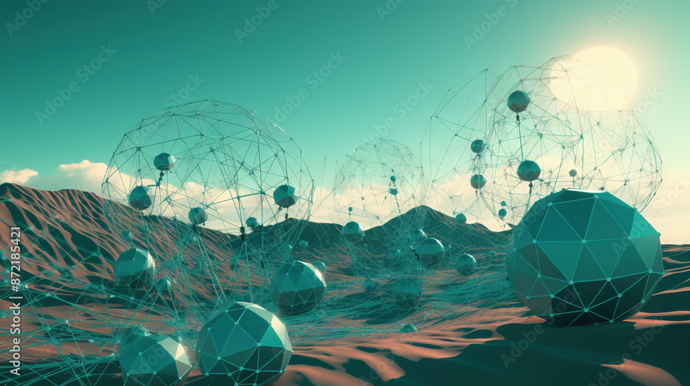 Poster Abstract scfi-fi landscape with connected 3D balls and molecular grid structure. Futuristic surreal abstraction.