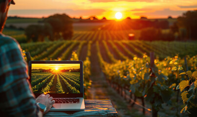 Modern agriculture technology with a person using a laptop to analyze data on sustainable farming practices at sunset in a vineyard
