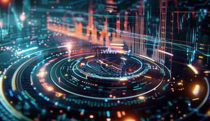 Abstract digital interface with dynamic lines and graphs, on a dark blue and orange background, concept of data analysis. Generative AI
