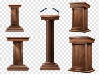 brown wood speech stand and microphone - Podium set - lectern collection - various shapes and angles - isolated transparent PNG. Modern and antique.
