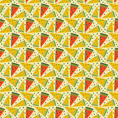 Seamless yellow pattern with triangle watermelon pieces. Bright summer illustration. Contrasting colors. Simplified shapes. Vector
