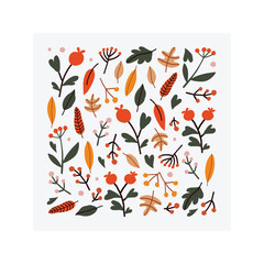 Collection of autumn leaves and berries in a circle. Isolated graphic element for banners and flyers, print, clothes.