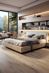 Obraz premium Cozy interior of bedroom in beige shades in modern house.