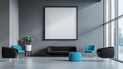 Contemporary office space with sleek black furniture, bright blue accents, and a blank white frame on a light grey wall in a wide layout.