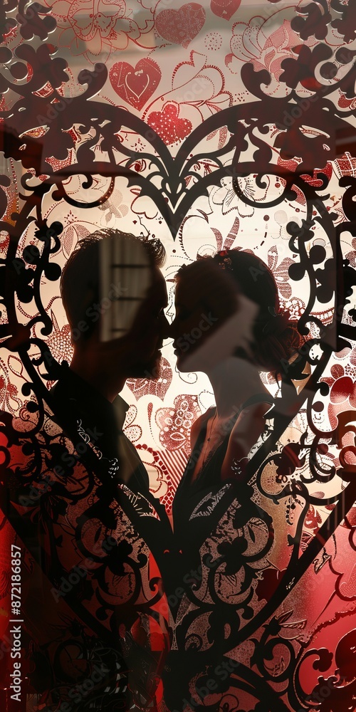 Wall mural artistic and abstract valentine's day setup with a couple's silhouettes