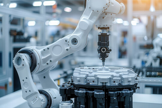 Closeup scene the milling spindle attached on the robotic arm finish cut the aluminum gear case.
