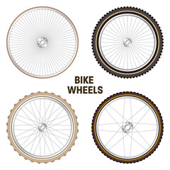 Realistic 3d retro bicycle wheels. Vintage bike rubber tyres, shiny metal spokes and rims. Fitness cycle, touring, sport, road and mountain bike. Vector illustration