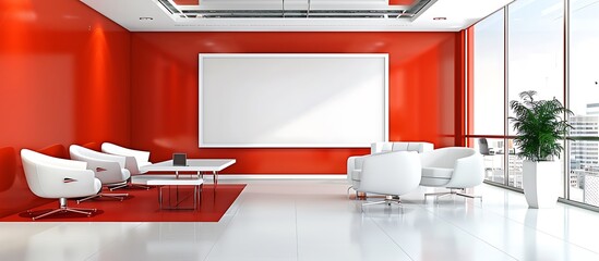 Contemporary office space with sleek white furniture, a bright red accent wall, and a large blank white frame in a  format.