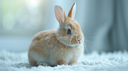 A Small, Tan Rabbit Sitting on a White Fluffy Rug