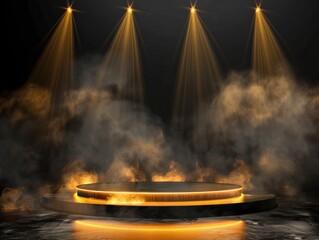 Free stage with lights and smoke, Empty stage with gold yellow spotlights, conser, show, party, Presentation concept.. orange spotlight strike on black background.banner design.empty gold podium stage