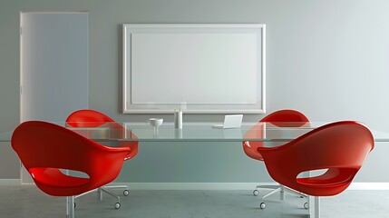 Contemporary office space with a sleek glass desk, bright red chairs, and a blank white frame on a light grey wall in a  layout.