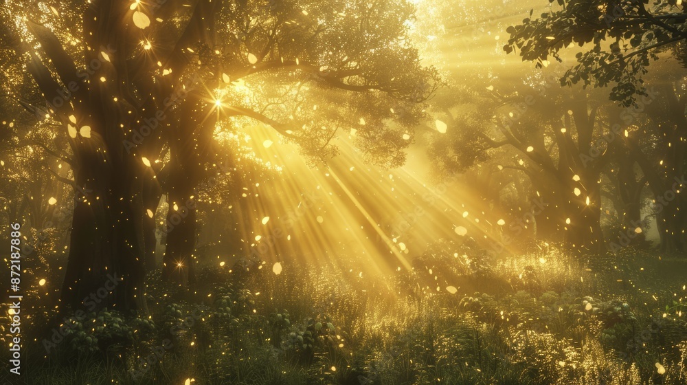Poster enchanted woods with golden rays of sun creating ethereal effect
