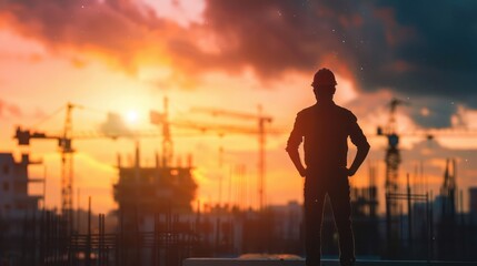 Silhouette of engineer at construction site during stunning sunset