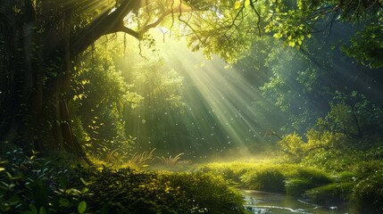 Enchanted forest bathed in bright sunshine with mystical atmosphere
