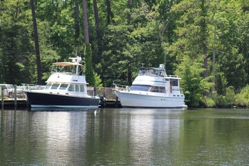 Fototapeta premium Two boats docked on a calm river with lush green trees in the background on a sunny day