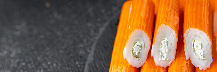 crab stick stuffing cream cheese fresh appetizer meal food snack on the table copy space food background rustic top view © Alesia Berlezova