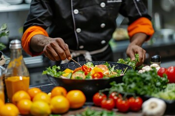 Top view photo of African American chef preparing salad using fresh ingredients on kitchen countertop.