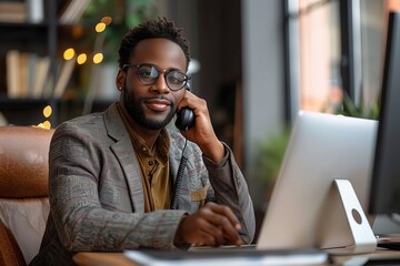 Professional Man Talking On Phone While Working At Desk In Office