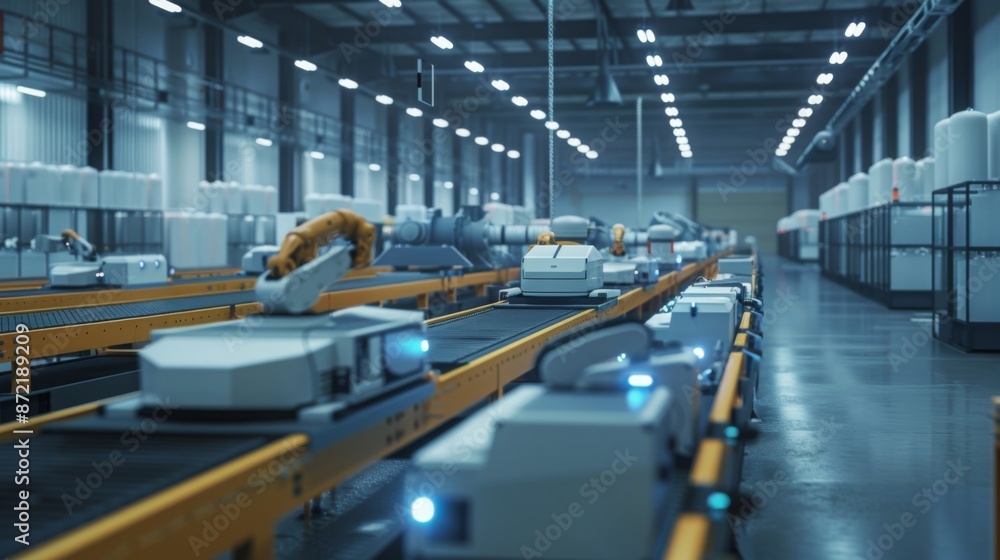 Poster A robotic arm moves along a conveyor belt in a factory warehouse, part of an automated system for production. The warehouse is full of large containers and machinery.