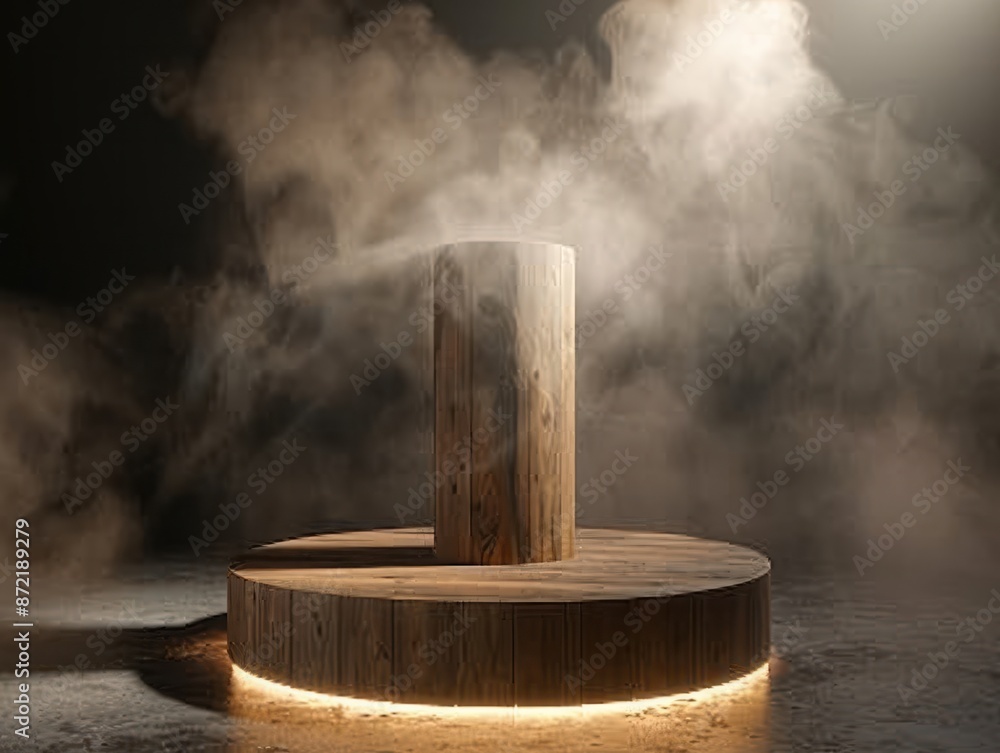 Poster the empty wooden cylinder shape of product display podium, stand for showing or design blank backdro