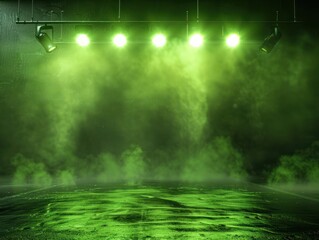 Naklejka premium The dark stage shows, empty chartreuse, lime, olive background, neon light, spotlights, The asphalt floor and studio room with smoke