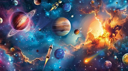 Adventurous Space-Themed Birthday Banner with Planets, Rockets, and Galaxy Background for Space Enthusiasts