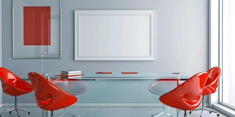 Contemporary office space with a sleek glass desk, bright red chairs, and a blank white frame on a light grey wall in a  layout.