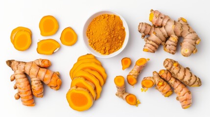 Top view of whole turmeric, slices, and turmeric powder on a white background