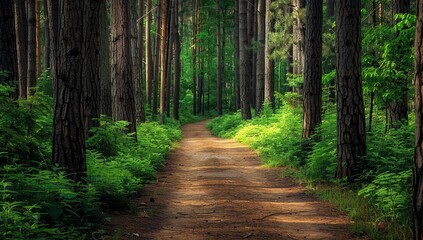 Obraz premium Forest Pathway to Solitude: Embracing Nature’s Embrace Amidst Tall Trees and Lush Foliage